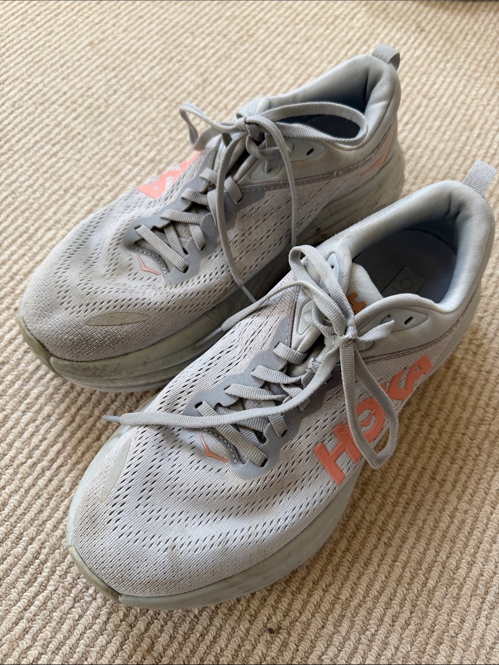 Hoka Women's Bondi - Light Gray Athletic Sneakers with Coral Accents